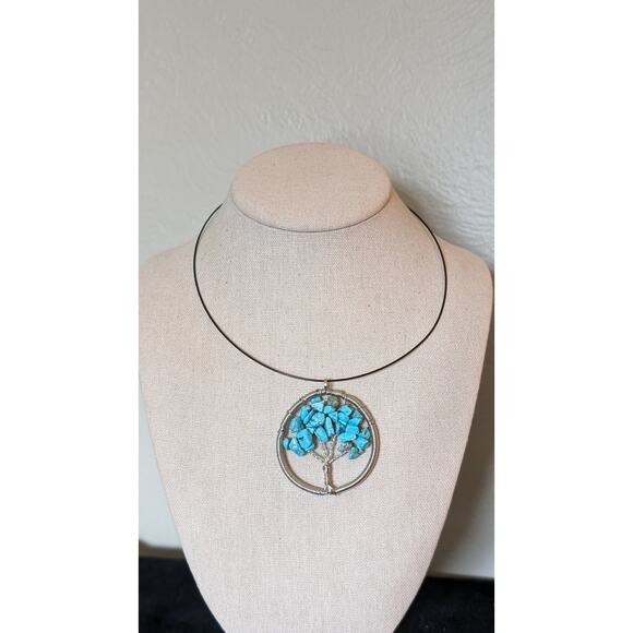 Turquoise Chip Wire Wrapped Pendant Tree of Life on Black Choker Cable - Picture 6 of 6